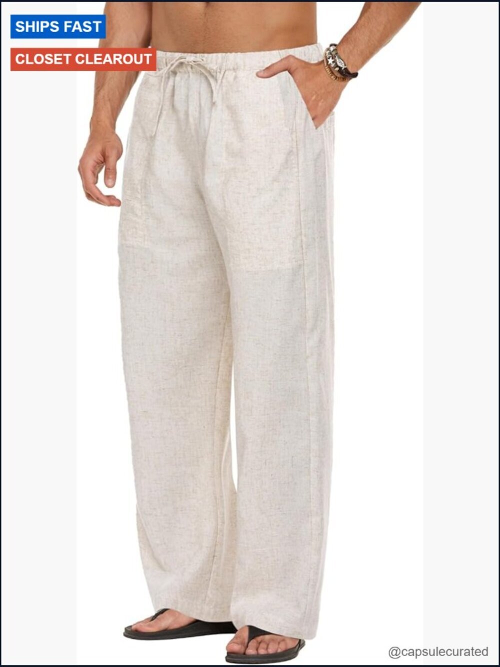 Men's Linen Pant Elastic Waist Drawstring Summer Beach